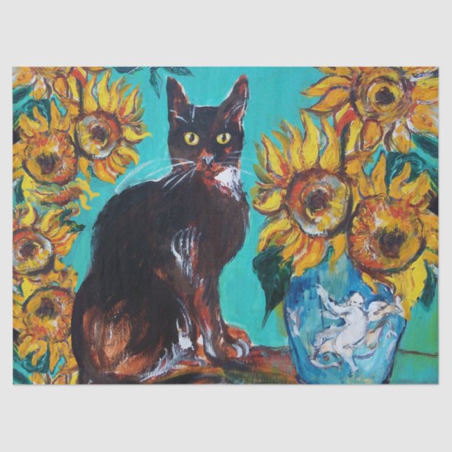 SUNFLOWERS ,BLACK CAT IN BLUE TURQUOISE TISSUE PAPER (Front)