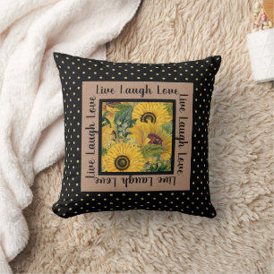 Sunflowers Black Gold Polka Dot Live Laugh Love Th Cushion