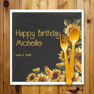 Sunflowers Black Rustic Elegant Happy Birthday Napkin