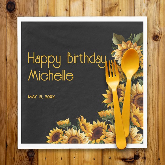 Sunflowers Black Rustic Elegant Happy Birthday Napkin (Sunflowers on black birthday party paper napkins)
