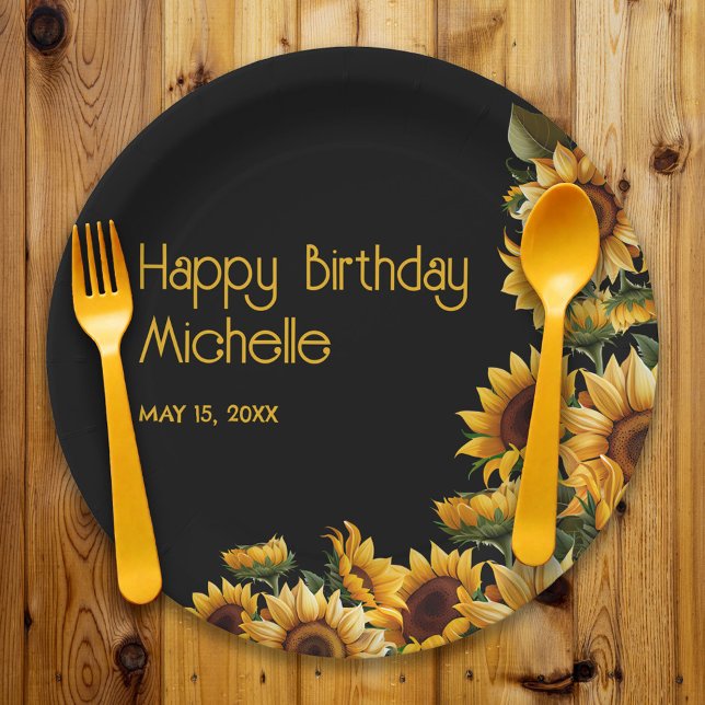 Sunflowers Black Rustic Elegant Happy Birthday Paper Plate (Rustic sunflowers on black birthday party paper plate)