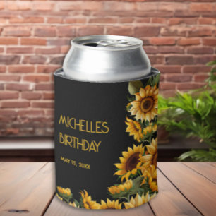 Sunflowers Black Rustic Elegant Name Birthday Can Cooler