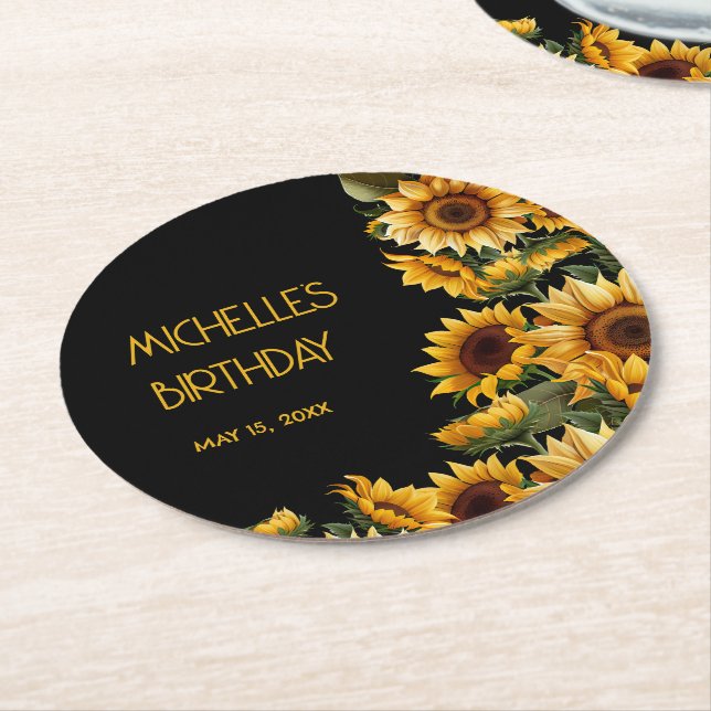 Sunflowers Black Rustic Elegant Name Birthday Round Paper Coaster (Angled)