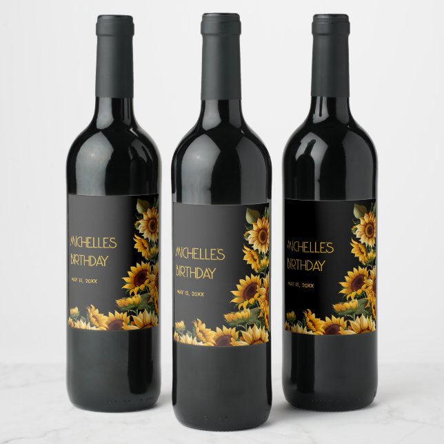 Sunflowers Black Rustic Elegant Name Birthday Wine Label (Bottles)
