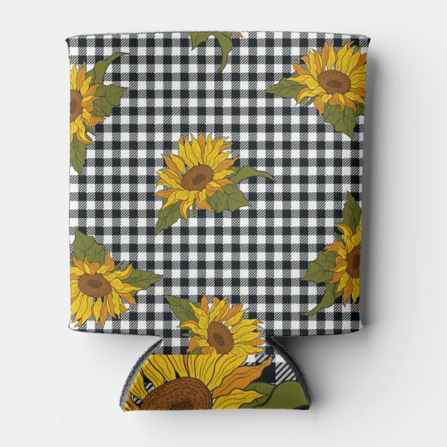 Sunflowers, black white buffalo check, floral. can cooler (Front)