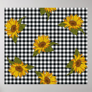 Sunflowers, black white buffalo check, floral. poster