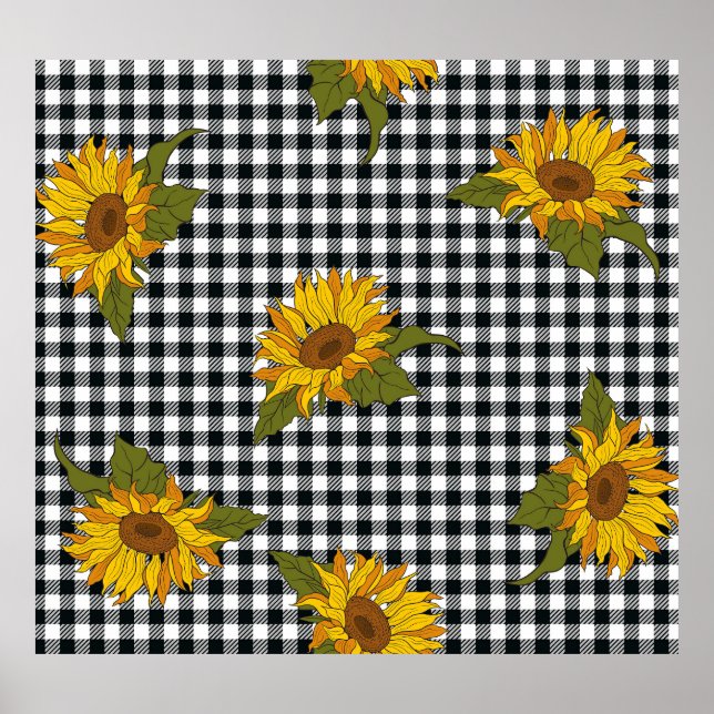 Sunflowers, black white buffalo check, floral. poster (Front)