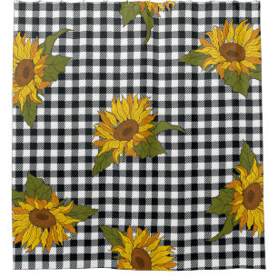 Sunflowers, black white buffalo check, floral. shower curtain