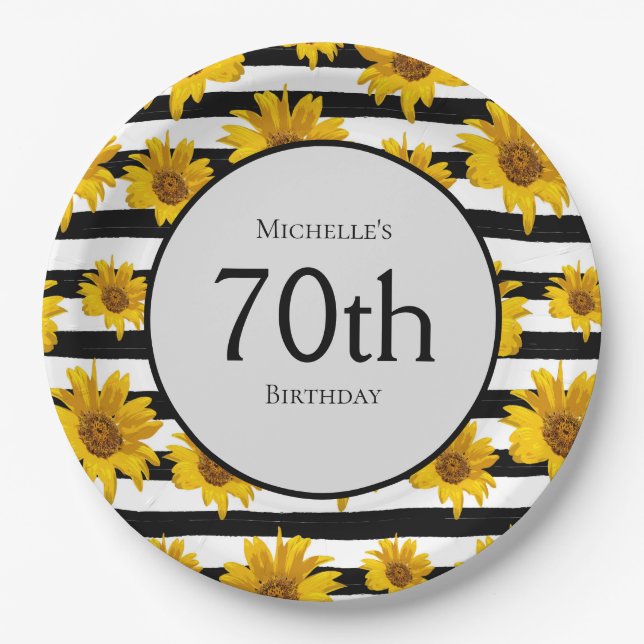 Sunflowers Black White Stripes 70th Birthday  Paper Plate (Front)