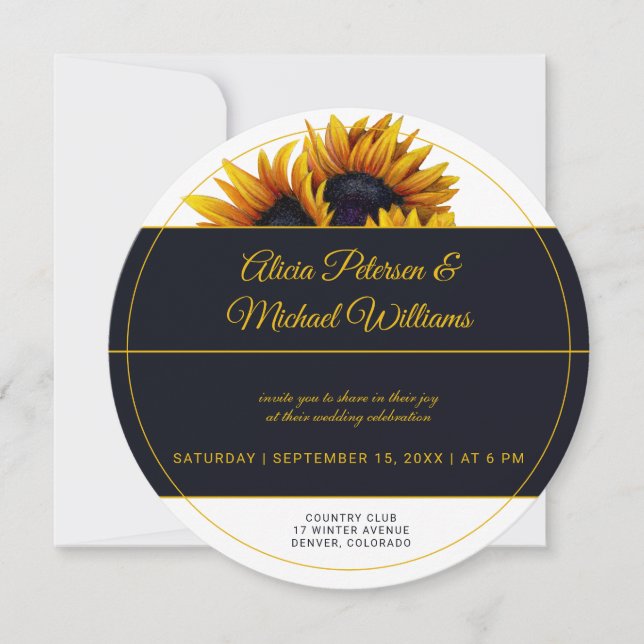 Sunflowers Bloom | Gold and Navy Modern Wedding Invitation (Front)