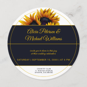 Sunflowers Bloom   Gold and Navy Modern Wedding Invitation