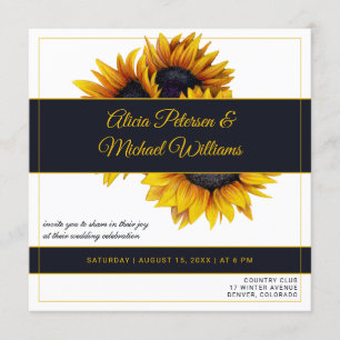 Sunflowers Bloom Gold and Navy Modern Wedding Invitation