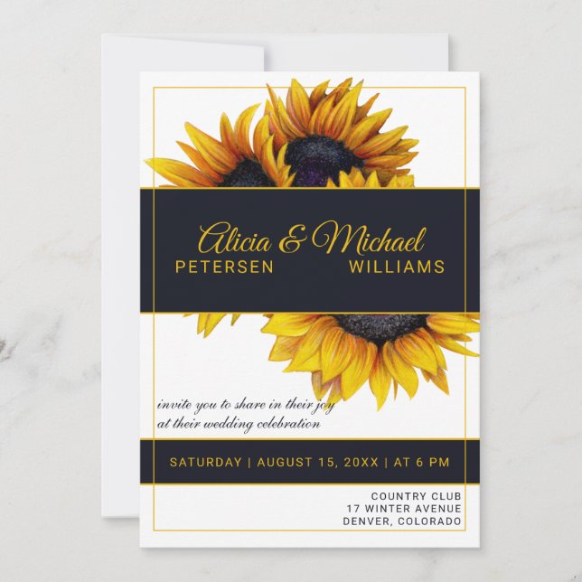Sunflowers Bloom | Gold and Navy Modern Wedding Invitation (Front)