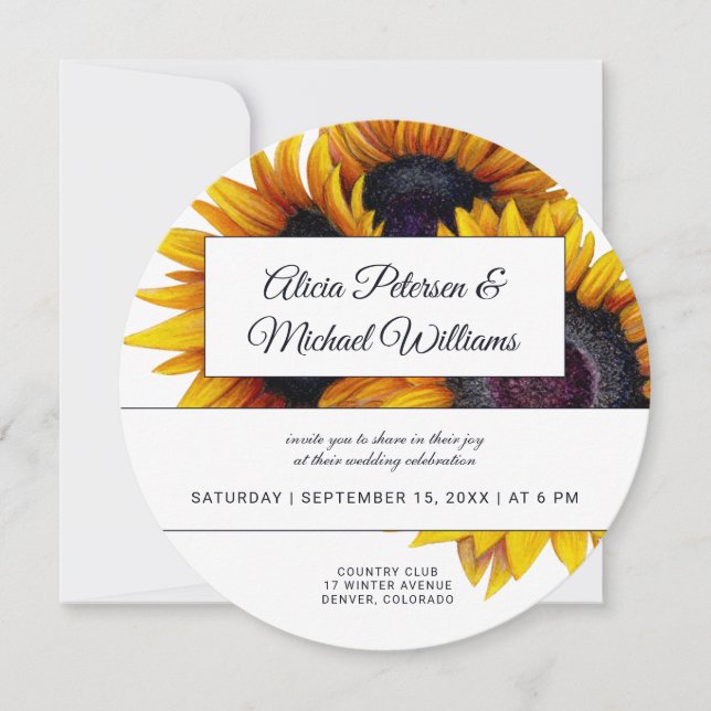 Sunflowers Bloom | Gold and White Modern Wedding Invitation (Front)