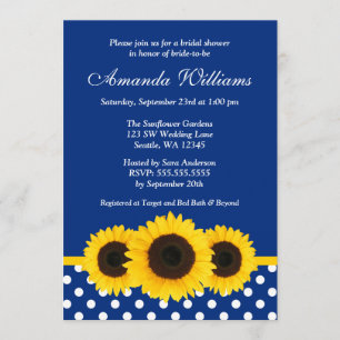 Sunflowers Blue and White Polka Dot Bridal Shower Invitation