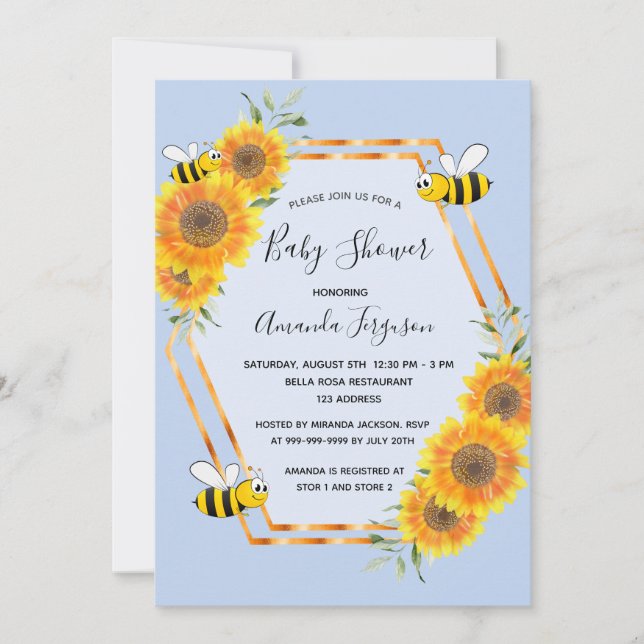 Sunflowers blue bee boy baby shower invitation (Front)