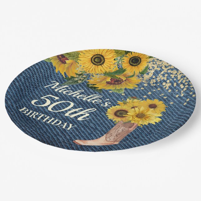 Sunflowers Blue Denim Cowboy Boots 50th Birthday Paper Plate (Angled)