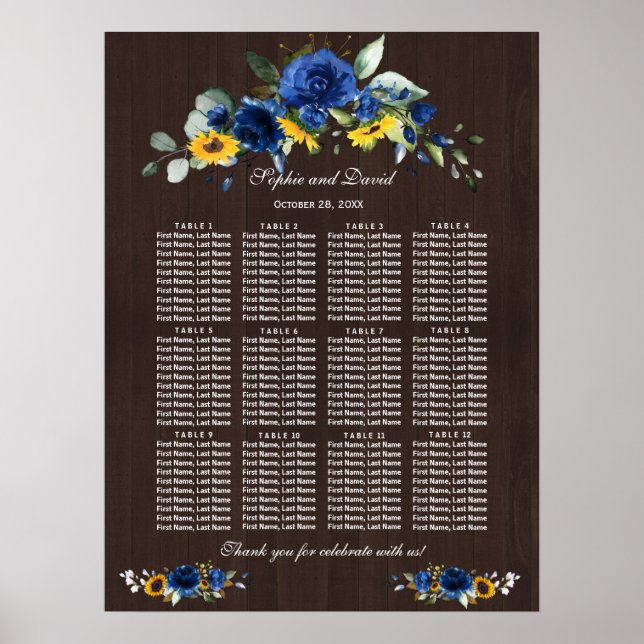 Sunflowers Blue Floral Wedding Barn Seating Chart (Front)