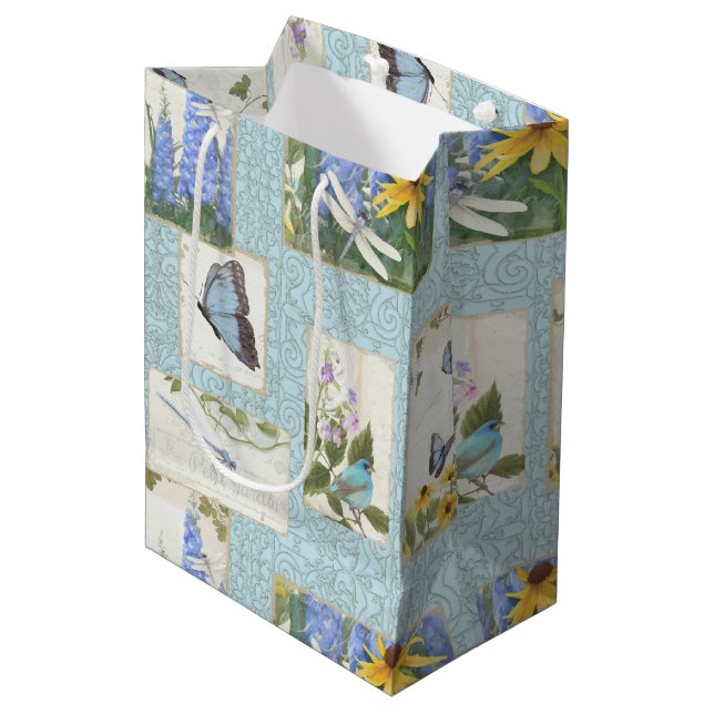 Sunflowers Blue Flowers Dragonfly Butterfly Garden Medium Gift Bag (Front Angled)