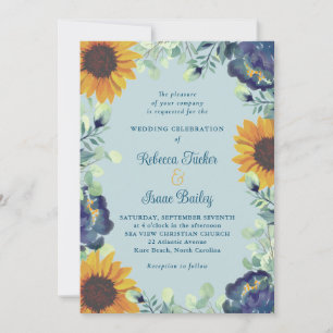 Sunflowers & Blue Flowers Greenery Floral Wedding Invitation