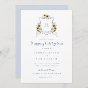 Sunflowers Blue Hydrangea Crest Monogram Wedding Invitation