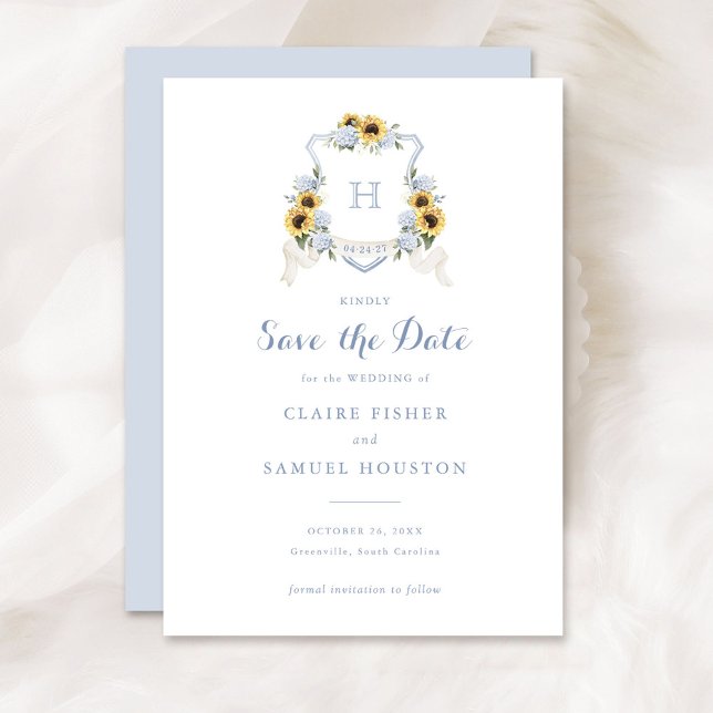 Sunflowers Blue Hydrangea Crest Save the Date Invitation (Creator Uploaded)