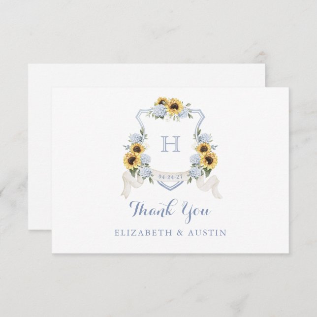 Sunflowers Blue Hydrangea Crest Wedding Monogram Thank You Card (Front/Back)