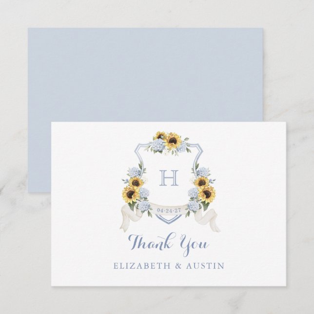 Sunflowers Blue Hydrangea Crest Wedding Monogram Thank You Card (Front/Back)