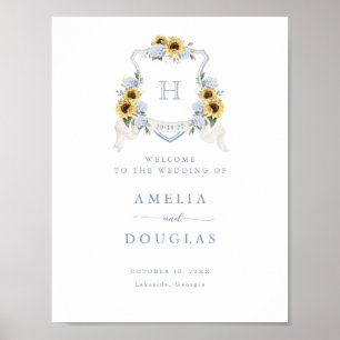 Sunflowers Blue Hydrangea Crest Welcome Sign