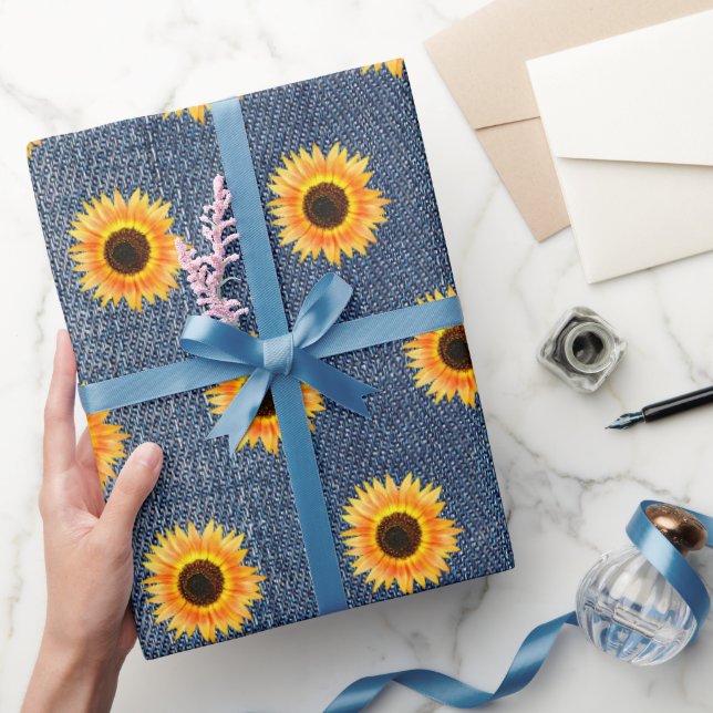 Sunflowers Blue Jean Denim Wrapping Paper (Gifting)