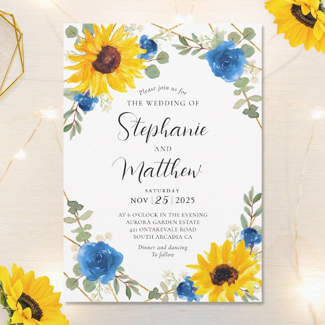 Sunflowers Blue Rose Geometric Botanical Wedding Invitation (Creator Uploaded)