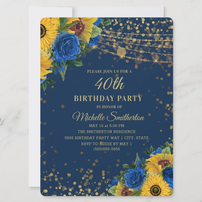 Sunflowers Blue Roses Gold Glitter 40th Birthday Invitation (Front)