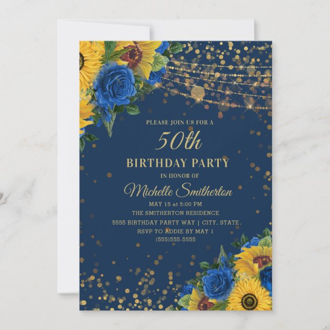 Sunflowers Blue Roses Gold Glitter 50th Birthday Invitation (Front)