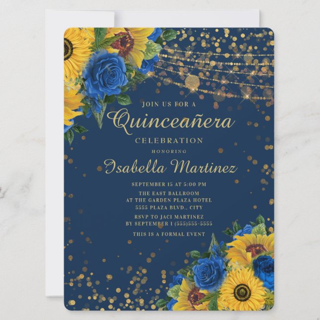 Sunflowers Blue Roses Gold Glitter Quinceanera Invitation (Front)
