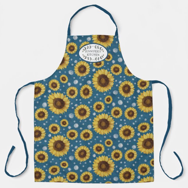 Sunflowers Blue Rustic Farm House Kitchen Name Apron (Front)