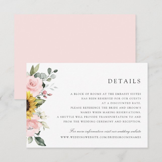 Sunflowers Blush Greenery Wedding Details Card (Front/Back)