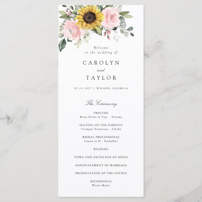 Sunflowers Blush Pink Floral Romantic Wedding Programme (Front)