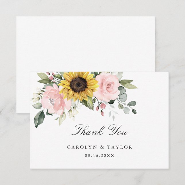 Sunflowers Blush Pink Floral Rustic Wedding Thank You Card (Front/Back)