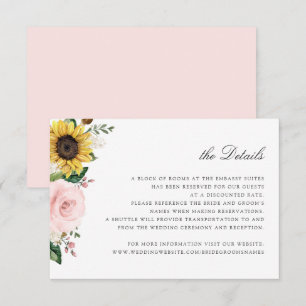 Sunflowers Blush Pink Floral Wedding Details Card