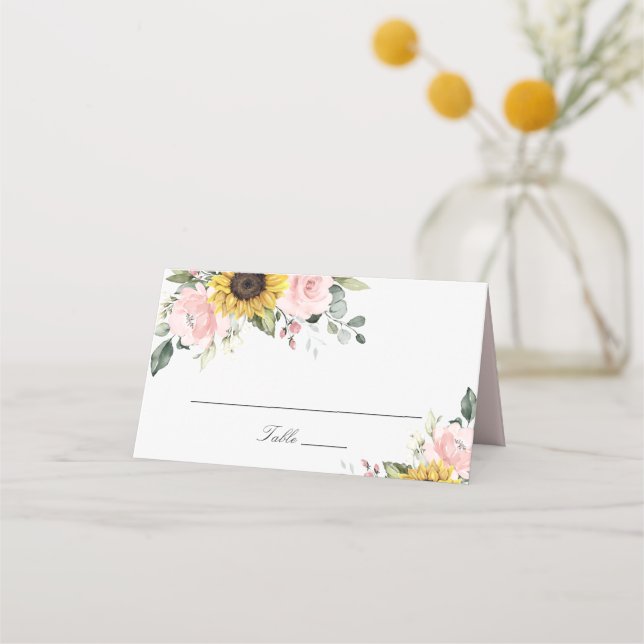 Sunflowers Blush Pink Floral Wedding Place Card (Front)