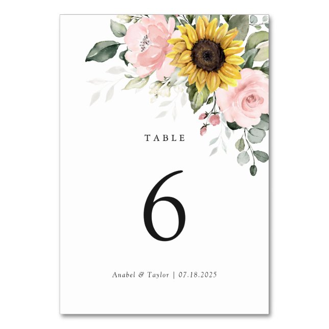 Sunflowers Blush Pink Floral Wedding Table Number (Front)