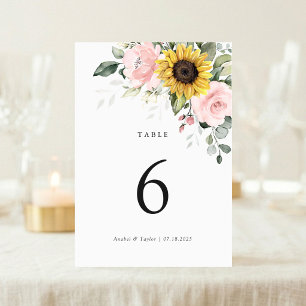 Sunflowers Blush Pink Floral Wedding Table Number