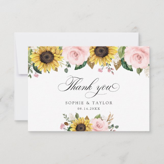 Sunflowers Blush Pink Floral Wedding Thank You (Front)