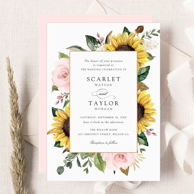 Sunflowers Blush Pink Flowers Greenery Wedding Invitation (Creator Uploaded)