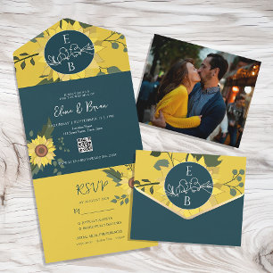 Sunflowers Boho Green Wedding QR Code All In One Invitation