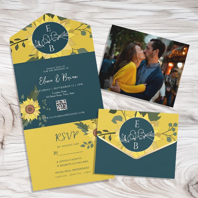 Sunflowers Boho Green Wedding QR Code All In One Invitation (Creator Uploaded)