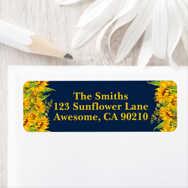 Sunflowers Boho Navy Wedding Return Address Label (Insitu)