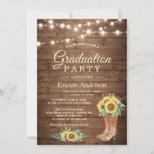 Sunflowers Boots String Lights Graduation Party Invitation