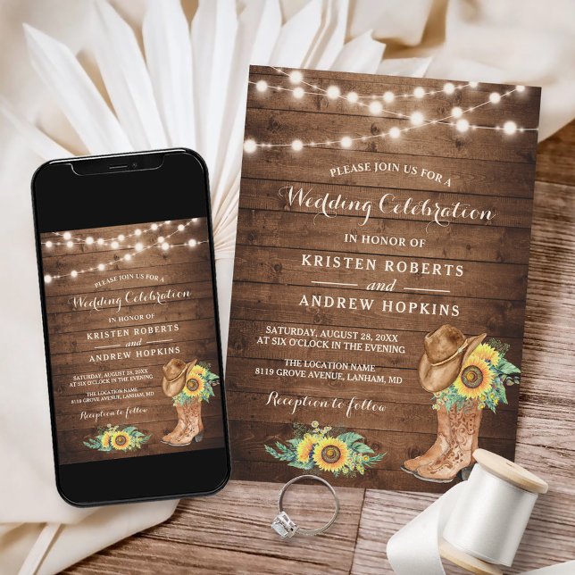 Sunflowers Boots String Lights Western Wedding Invitation (Creator Uploaded)