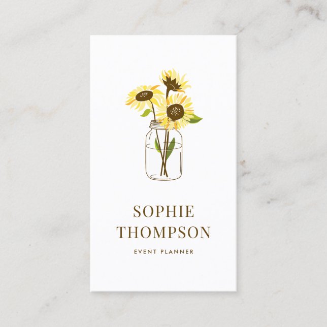 Sunflowers Bouquet in Mason Jar Country Rustic Business Card (Front)